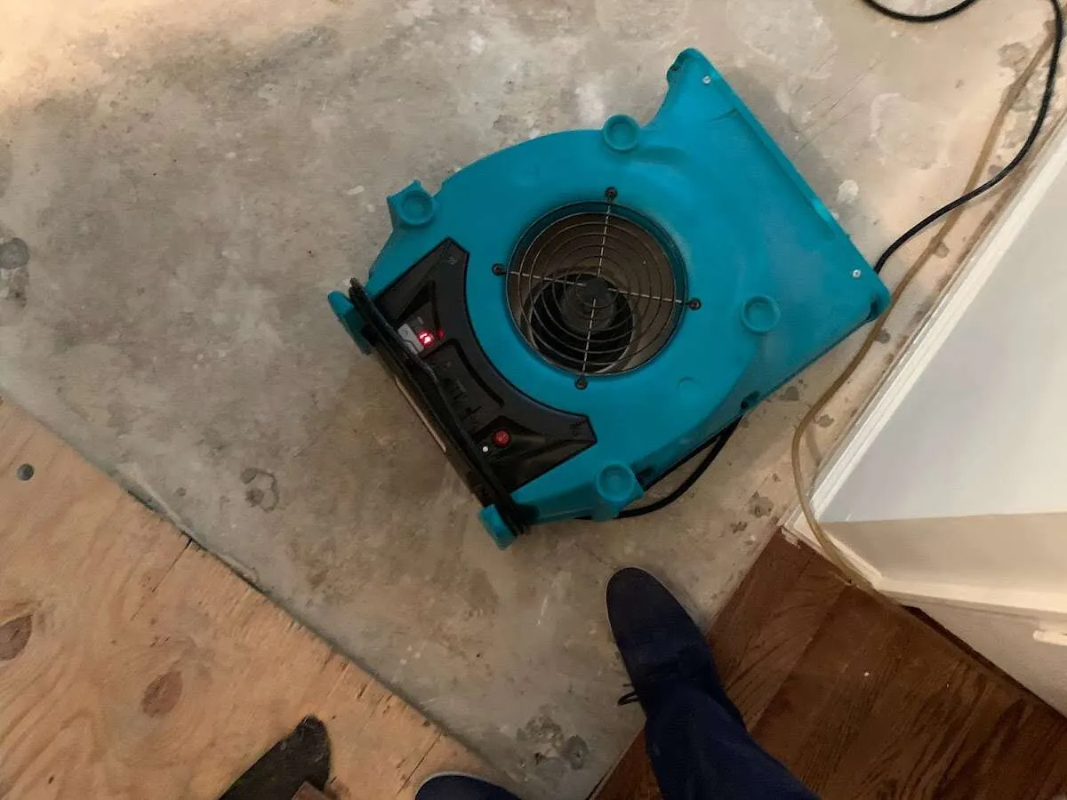 Air mover drying subfloor during Leak Detection & Repair in Eudora
